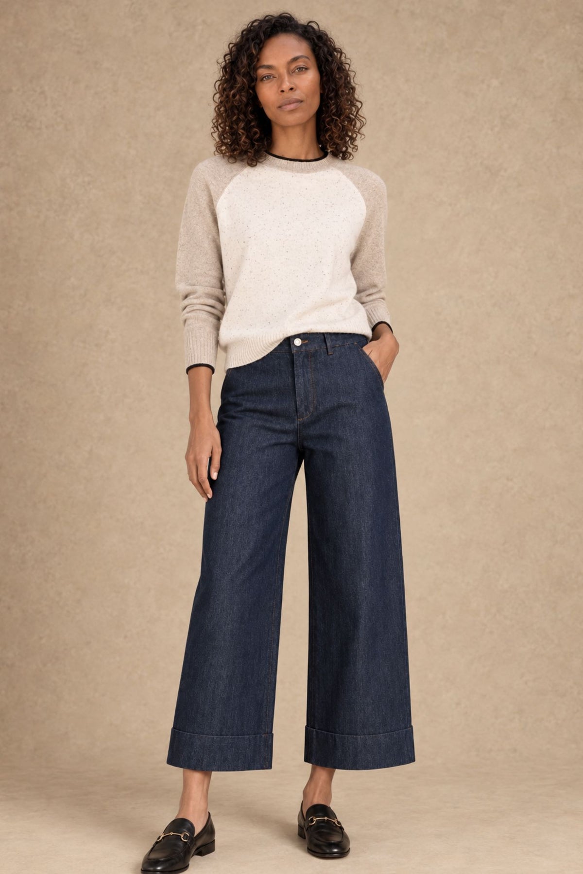 Pam Silk Cotton Wide leg Cuffed Denim Pant