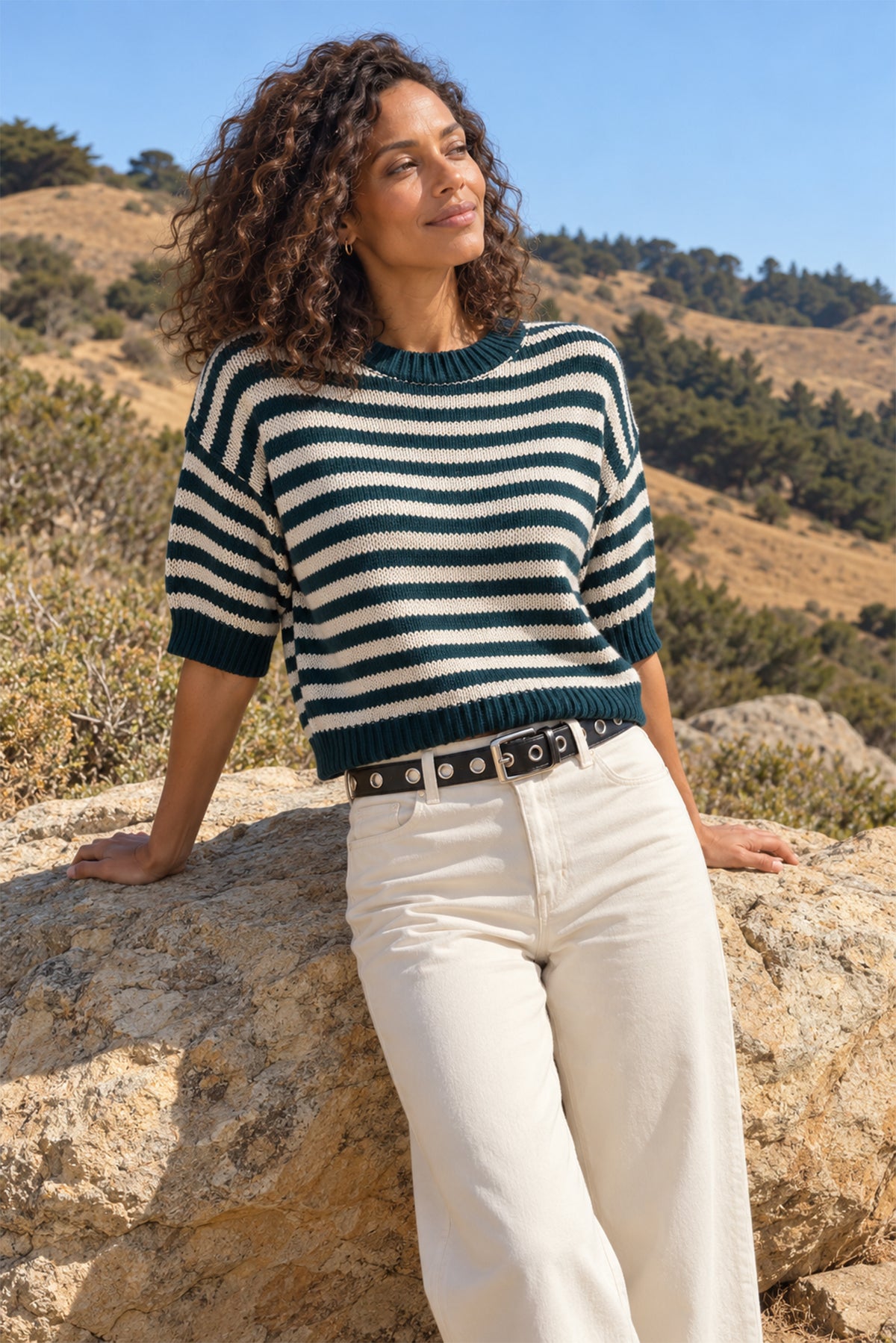 Zella Cotton Cashmere Striped Short Sleeve Pullover