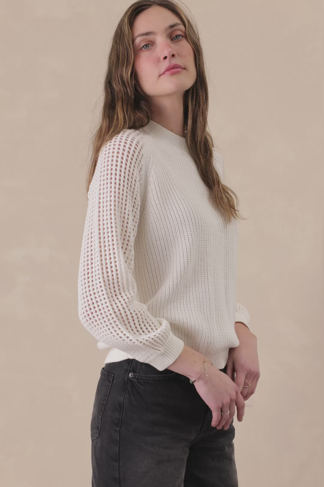 Bridget Cotton Crewneck With Open Stitch Sleeves