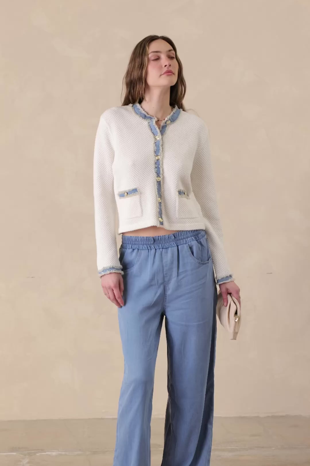 Sutton Cotton Lady Cardigan with Denim Trim