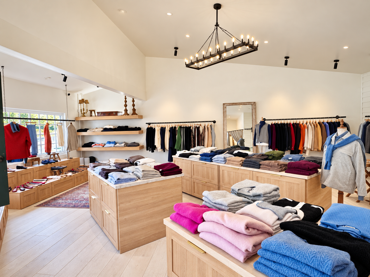 Interior of the 27 Miles Malibu Montecito boutique with oak displays and colorful knitwear