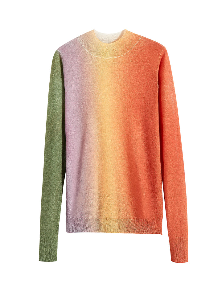 Flatlay photo of Zorina in dayglow. The sweater is fitted and made of 100% cashmere. The sweater is a mock neck and features a horizontal gradient.