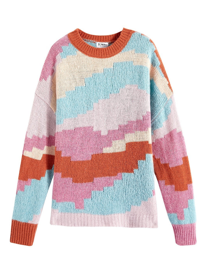 Flatlay photo of Ersa in multi color. The sweater is oversized and made of merino wool. The sweater features a blocky pattern made of a blend of wool, cashmere, and nylon.