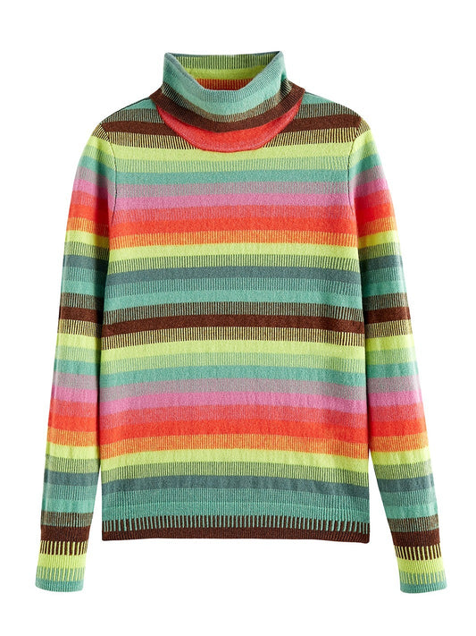 Flatlay photo of Carina in jade rainbow stripes. The sweater is straight fit and made of 100% cashmere. The sweater is a striped turtleneck.