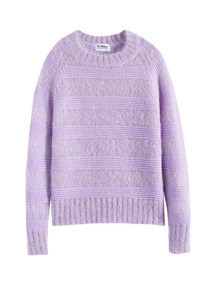 Flatlay photo of Soledad in lavender purple. The sweater is relaxed and made of wool and mohair with cashmere and wool contrast. The sweater is fuzzy with horizontal stripes.