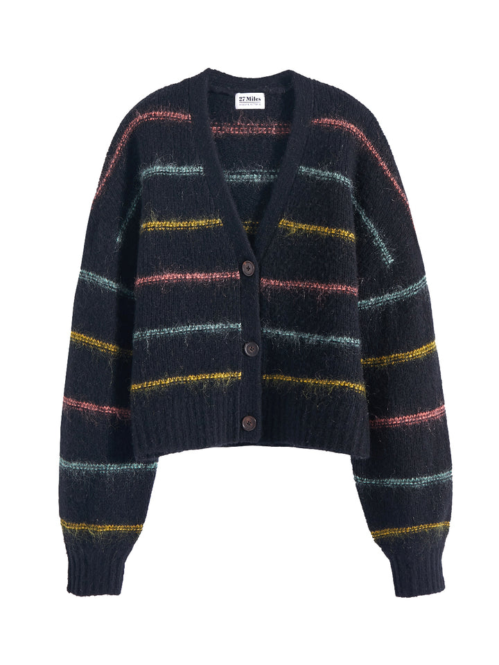 Flatlay photo of Micaela in black. The sweater is oversized and cropped and made of wool and cashmere with contrasting stripes in wool, nylon, and mohair.