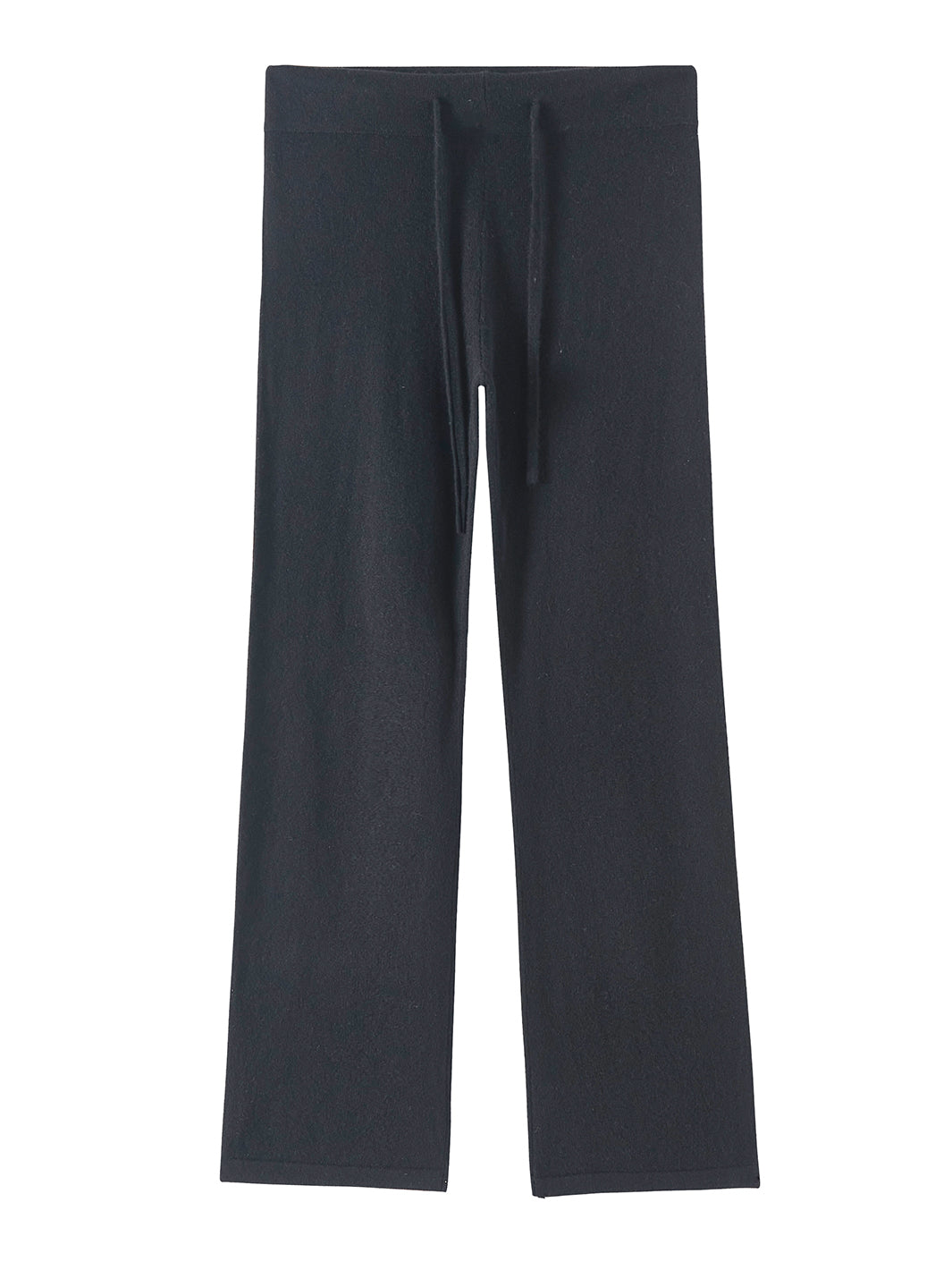 Flatlay photo of Kaite in black. The lounge pants are straight fit and made of cashmere and recycled cashmere.