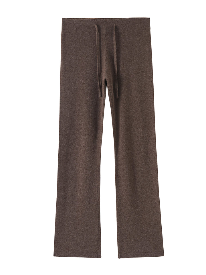 Flatlay photo of Kaite in cocoa brown. The lounge pants are straight fit and made of cashmere and recycled cashmere.