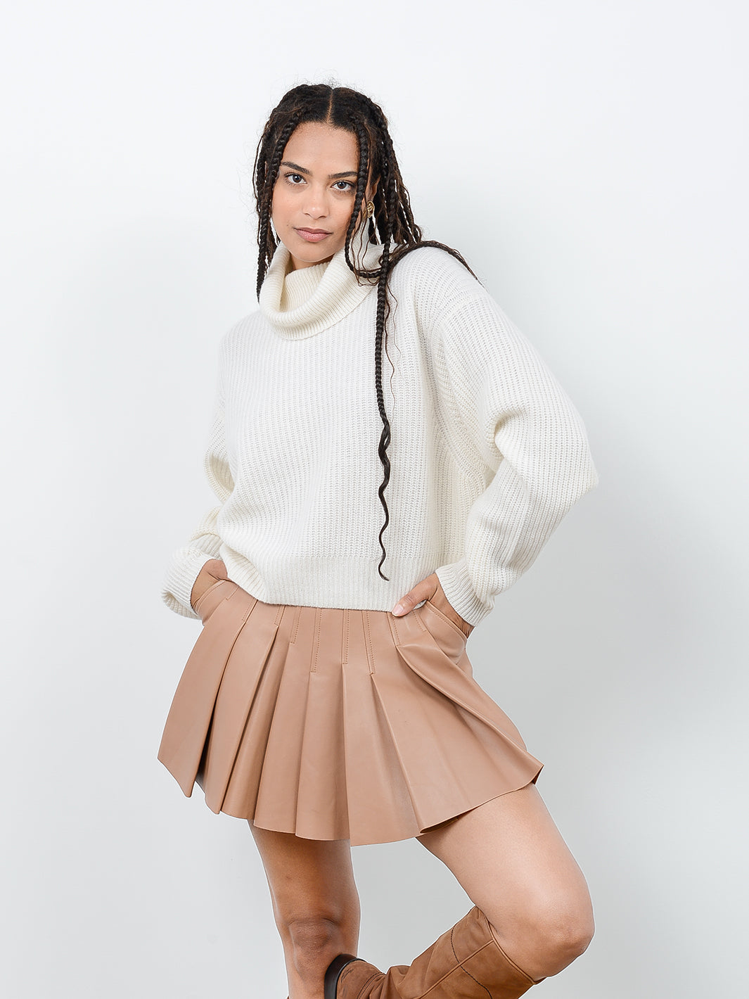 Naia Boxy Cashmere Cropped Turtleneck Pullover for Women