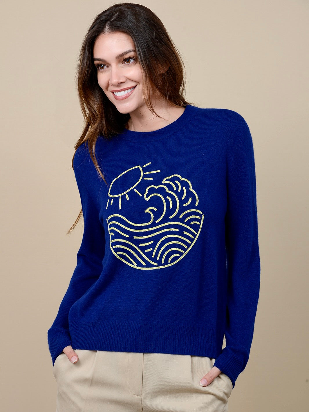 Jodie Cashmere Crew with Wave Embroidery