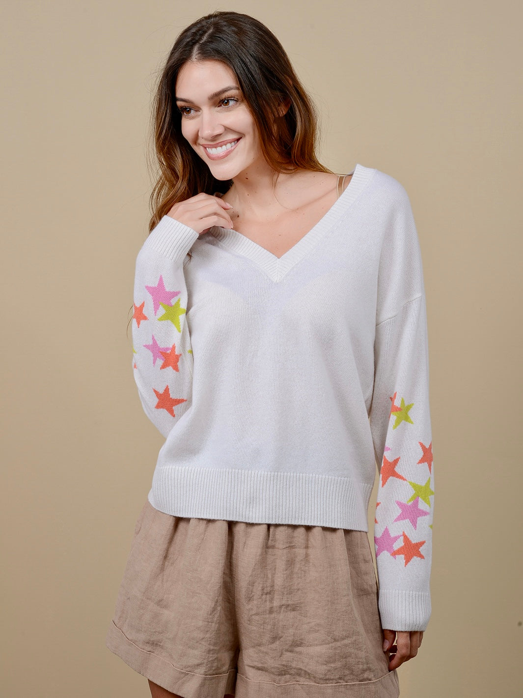 Phoebe Women's Cashmere V Neck with Star Sleeves