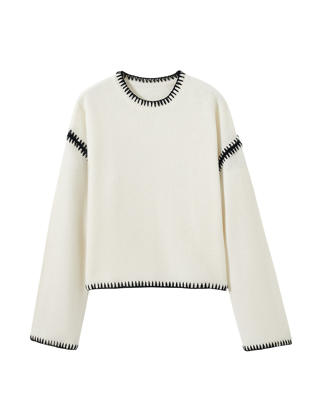 Cinthia Contrast Stitching Cashmere Crewneck