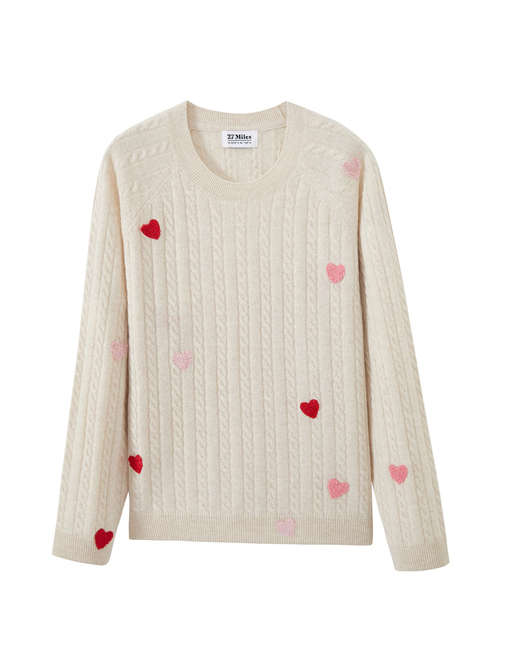 Nelli Cashmere Heart Embroidered Cable Sweater