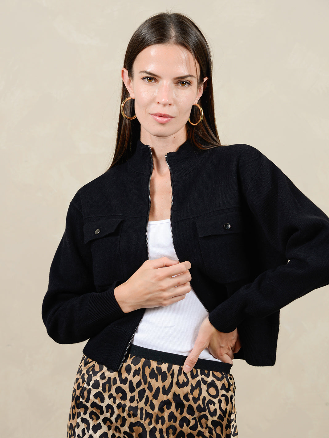 Audree Cotton Knitted Zip Bomber Jacket