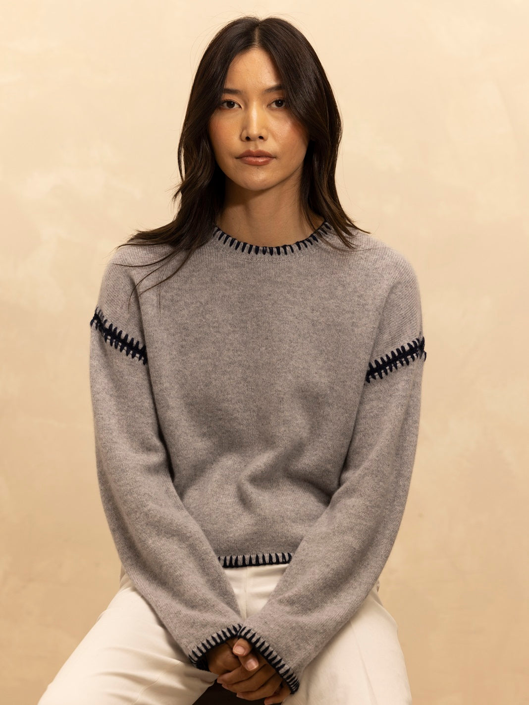 Cinthia Contrast Stitching Cashmere Crewneck