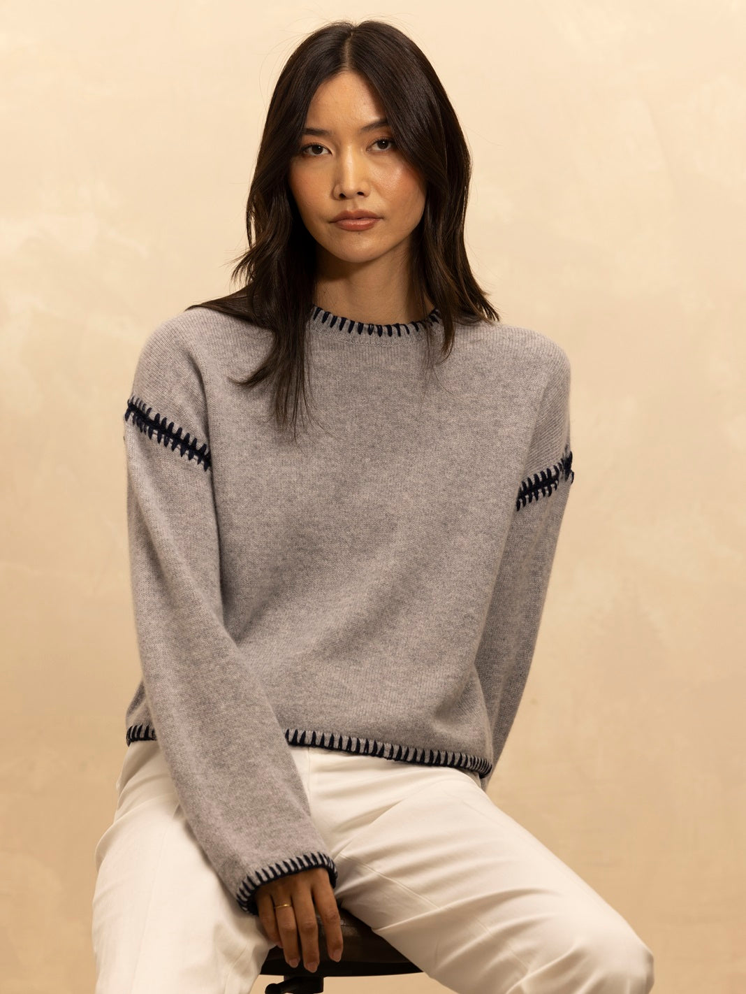 Cinthia Contrast Stitching Cashmere Crewneck