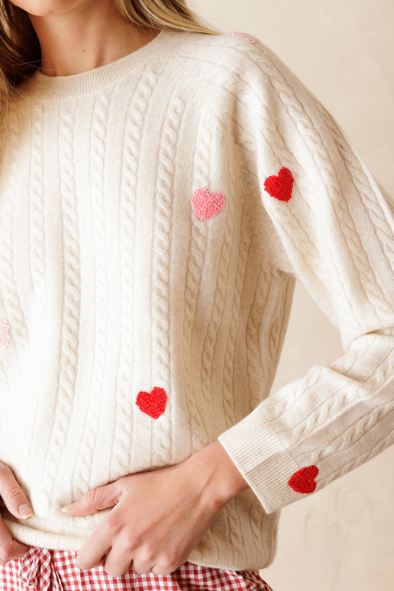 Nelli Cashmere Heart Embroidered Cable Sweater