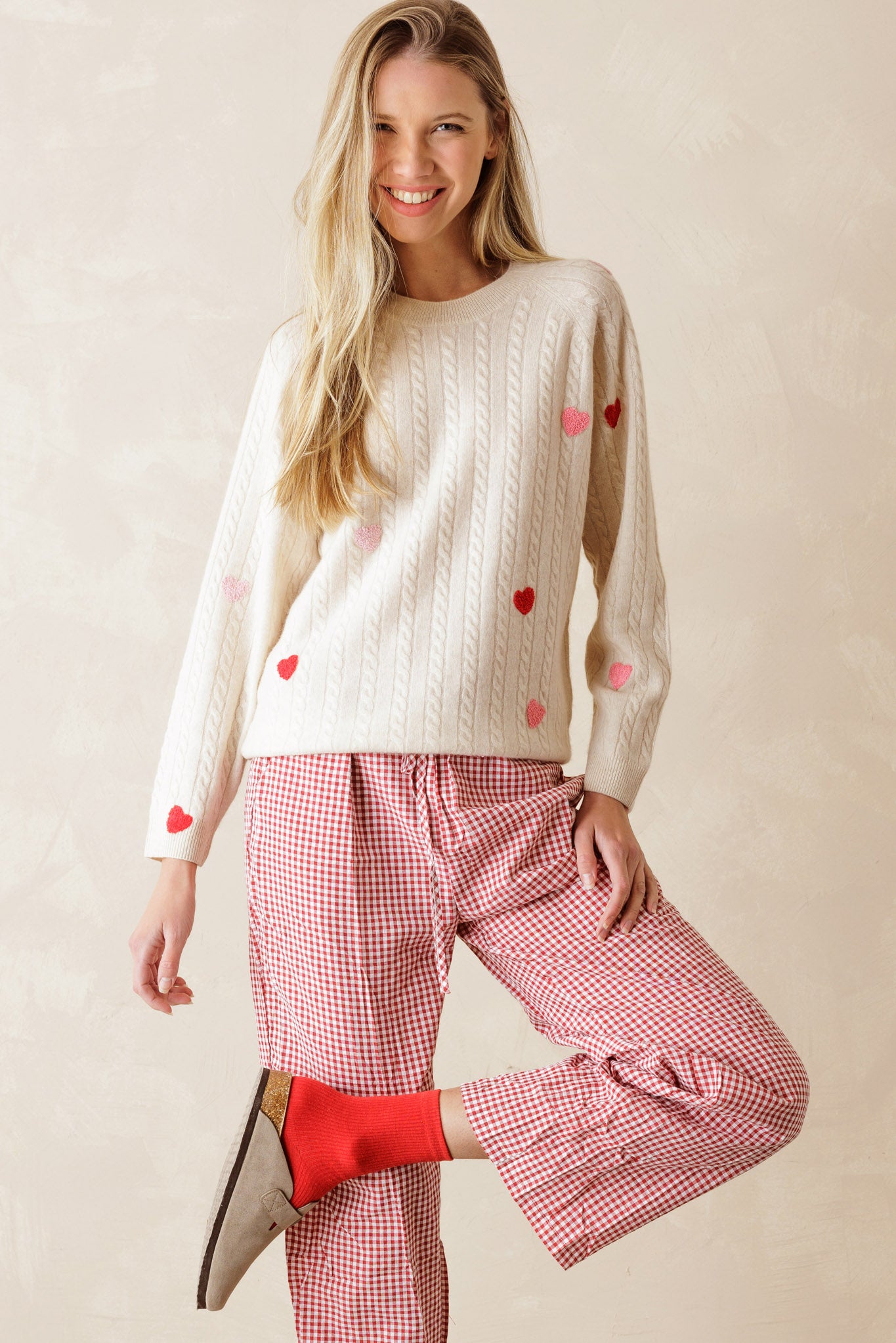 Nelli Cashmere Heart Embroidered Cable Sweater