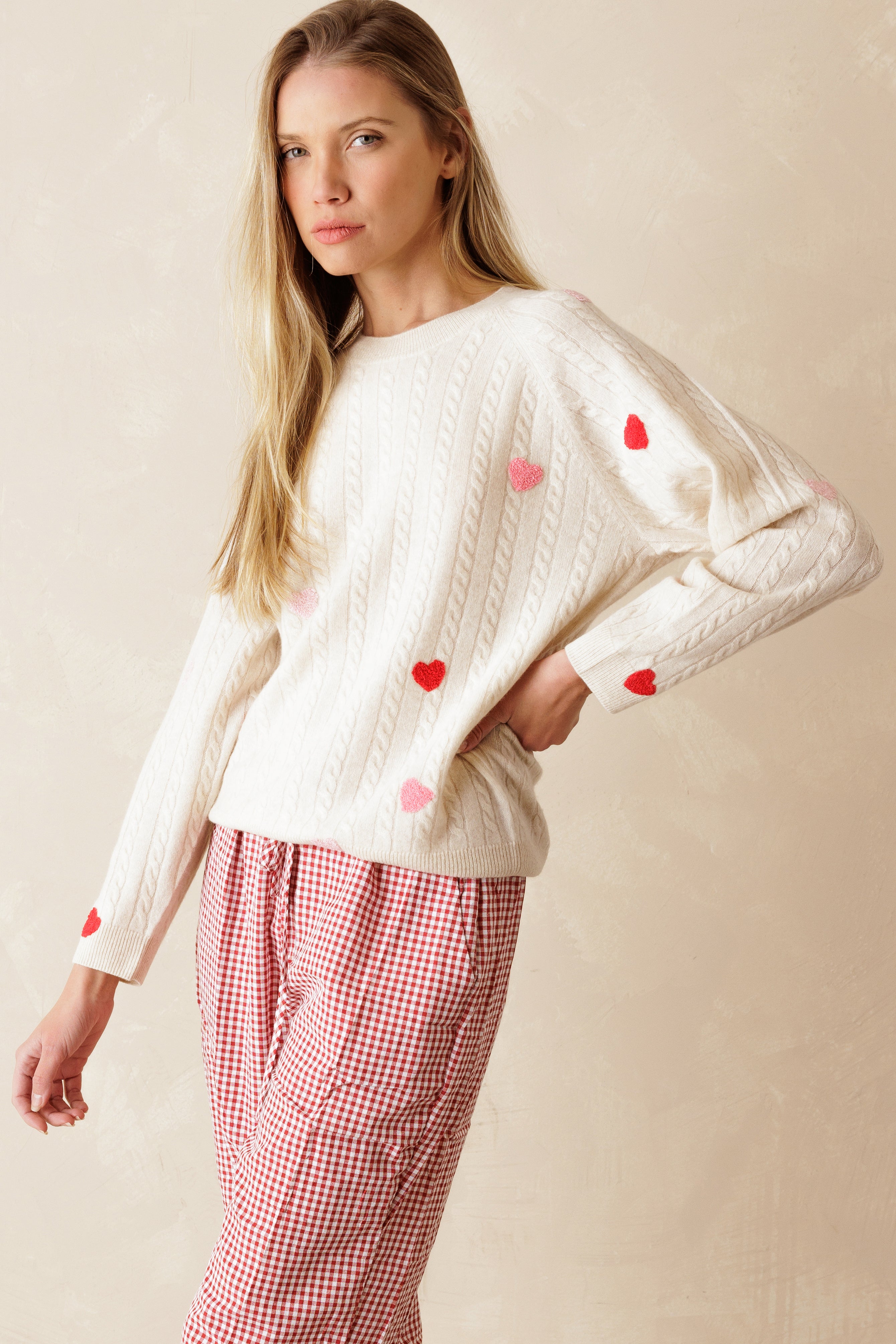 Nelli Cashmere Heart Embroidered Cable Sweater