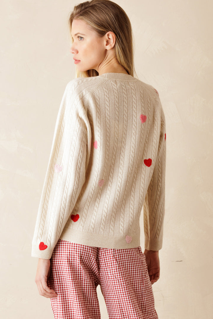 Nelli Cashmere Heart Embroidered Cable Sweater