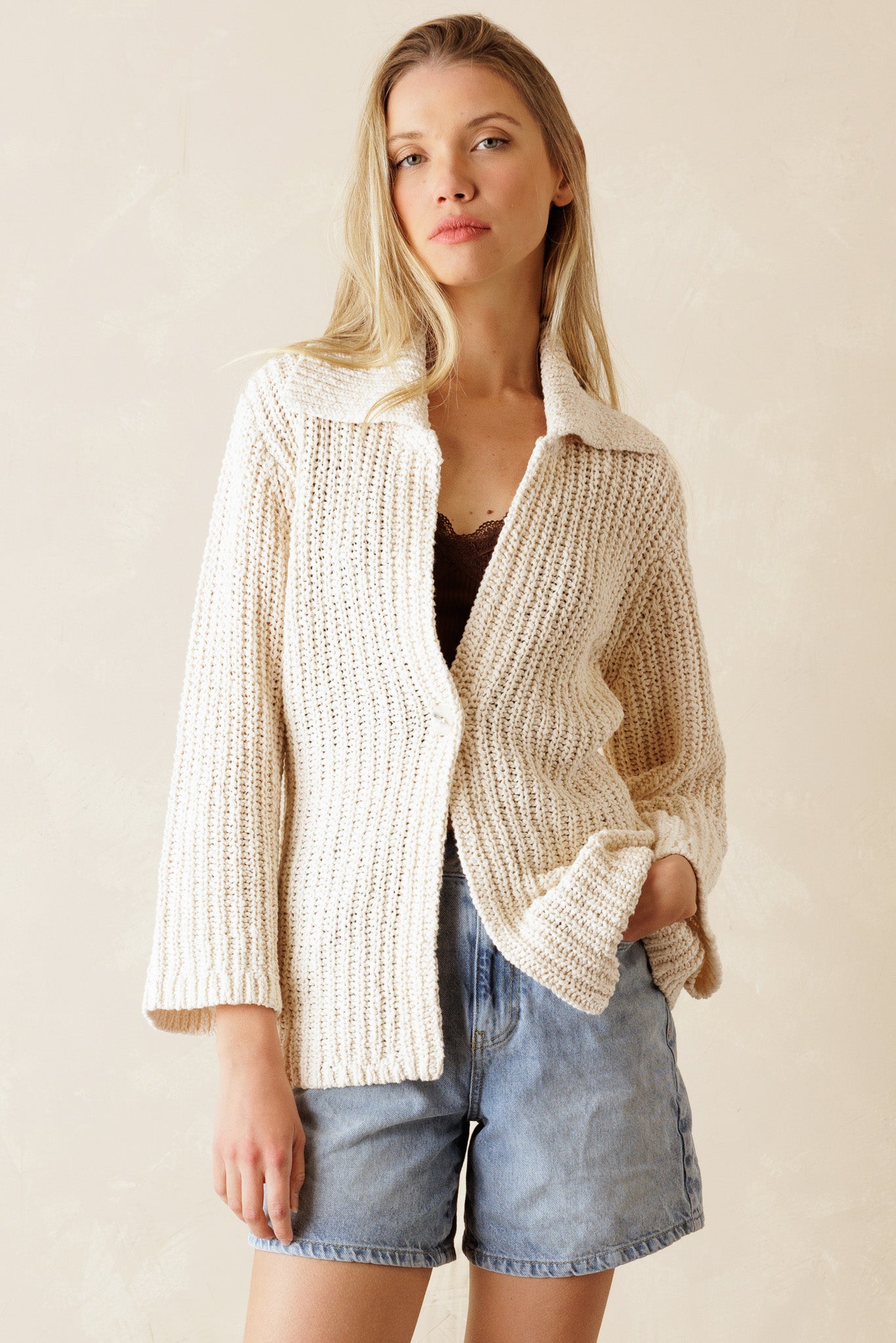 Indy Collared Cotton Cardigan With Flare Sleeves