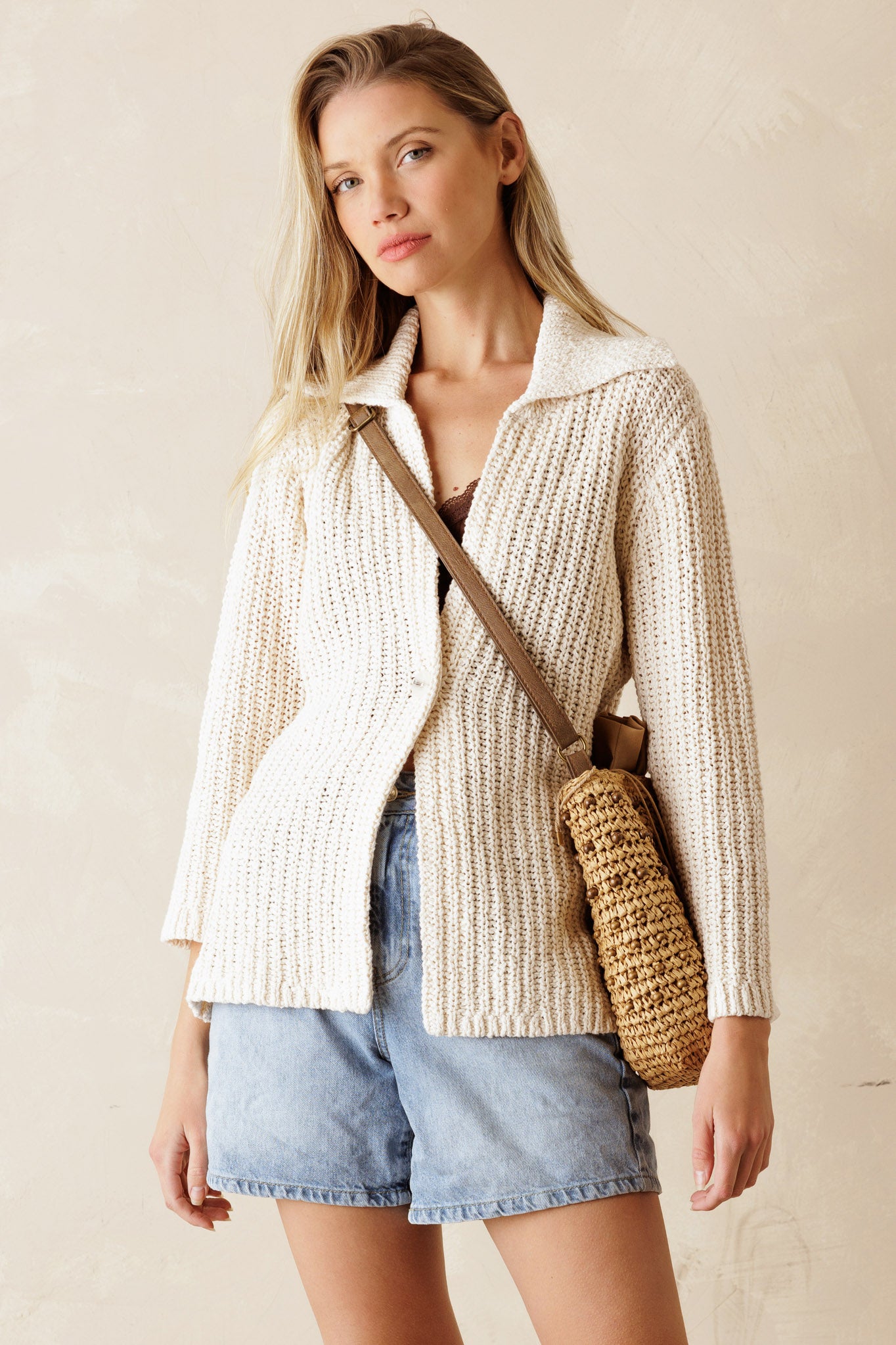 Indy Collared Cotton Cardigan With Flare Sleeves