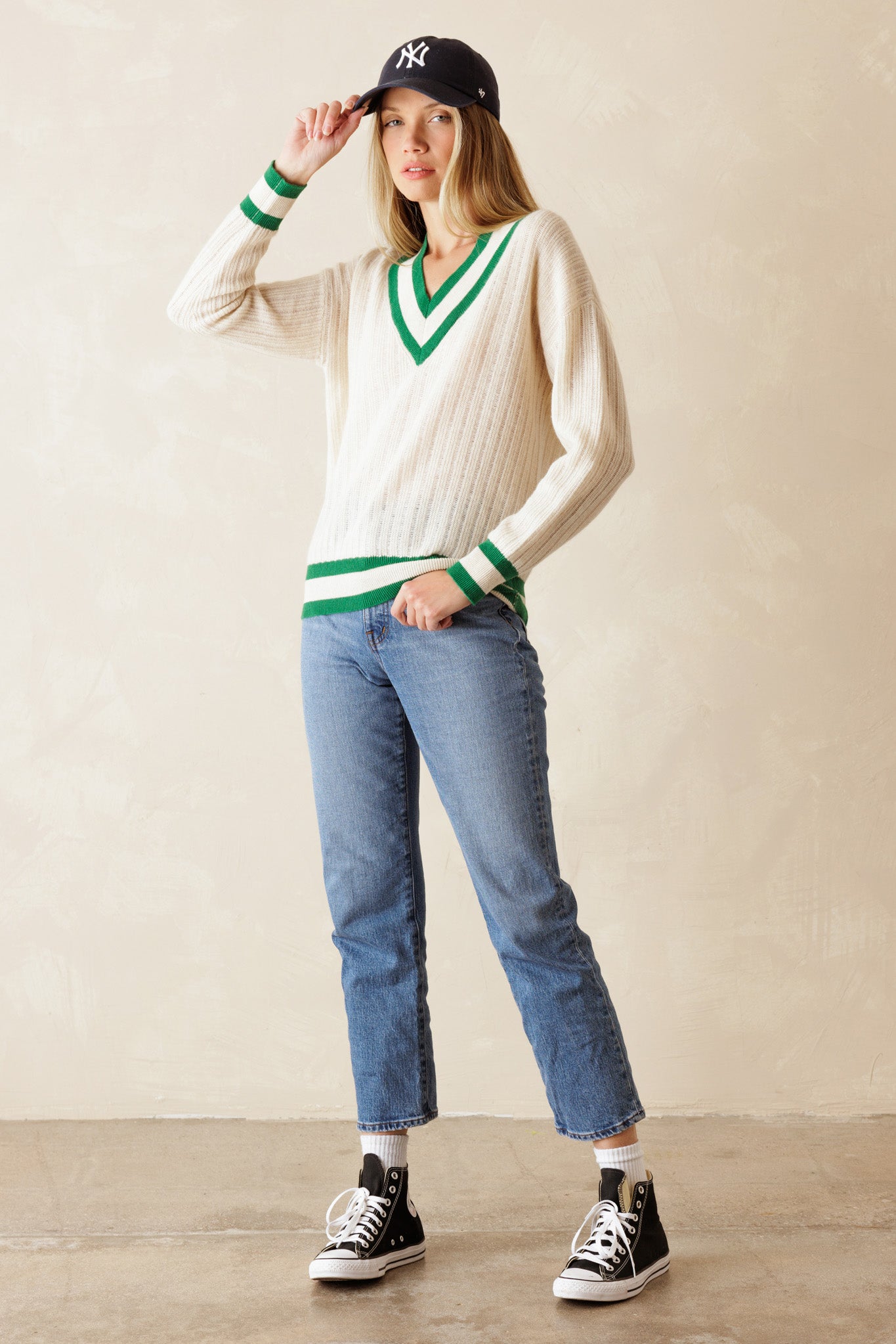 Lena Varsity Cashmere V Neck Pullover