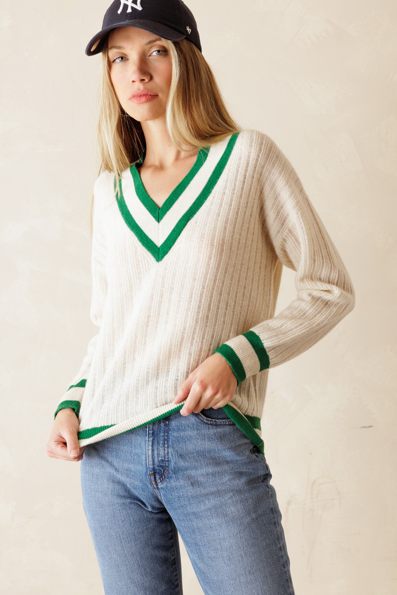 Lena Varsity Cashmere V Neck Pullover