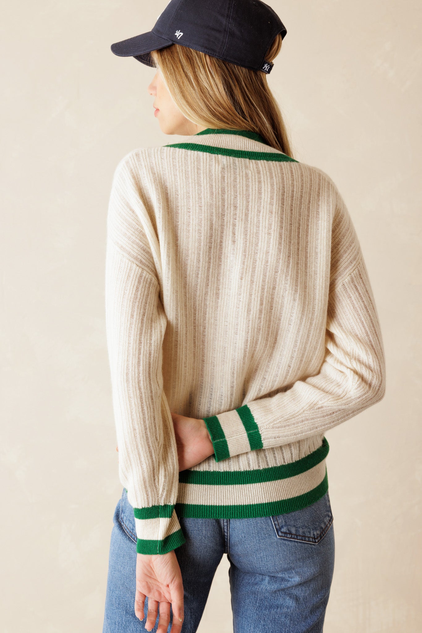 Lena Varsity Cashmere V Neck Pullover