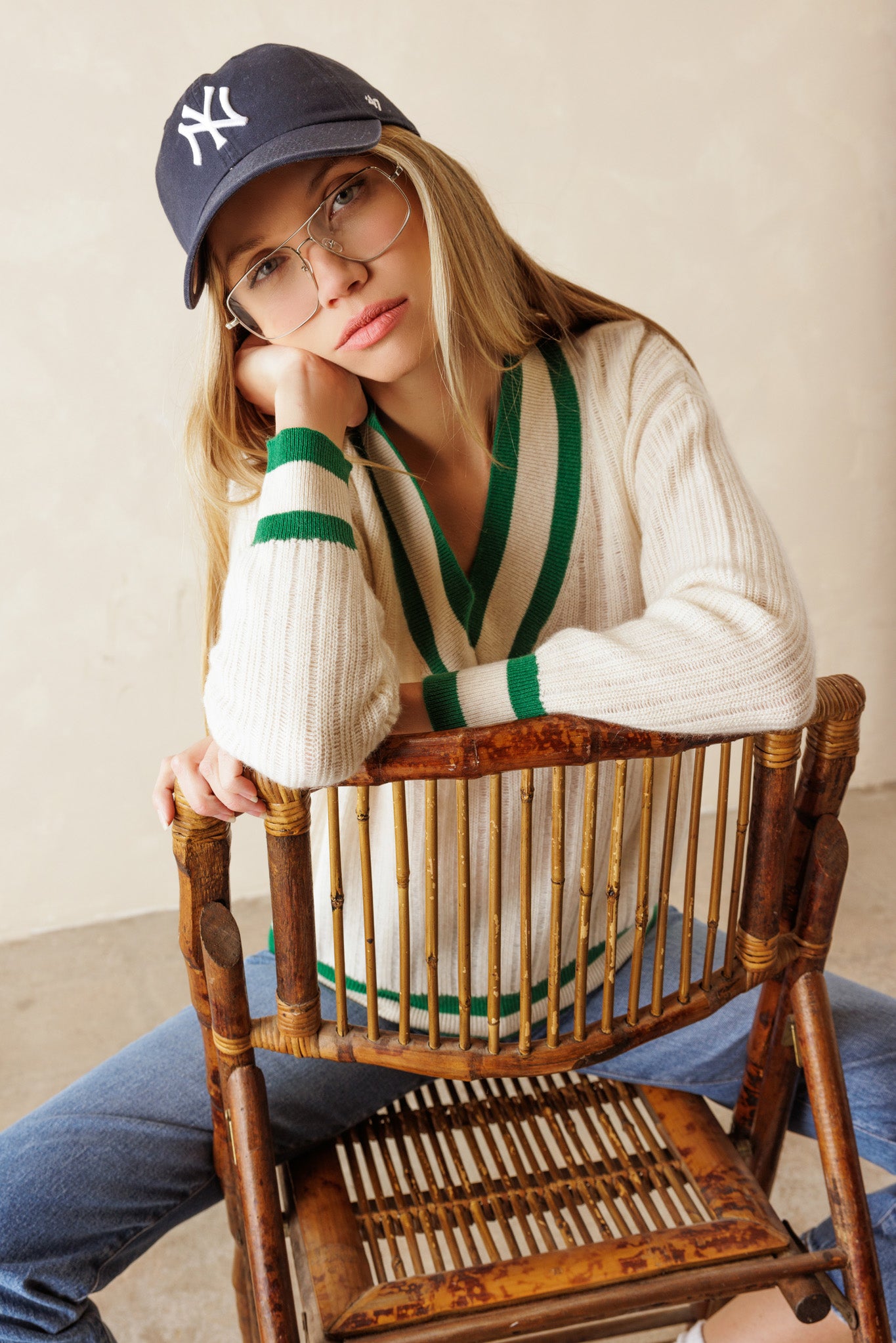 Lena Varsity Cashmere V Neck Pullover