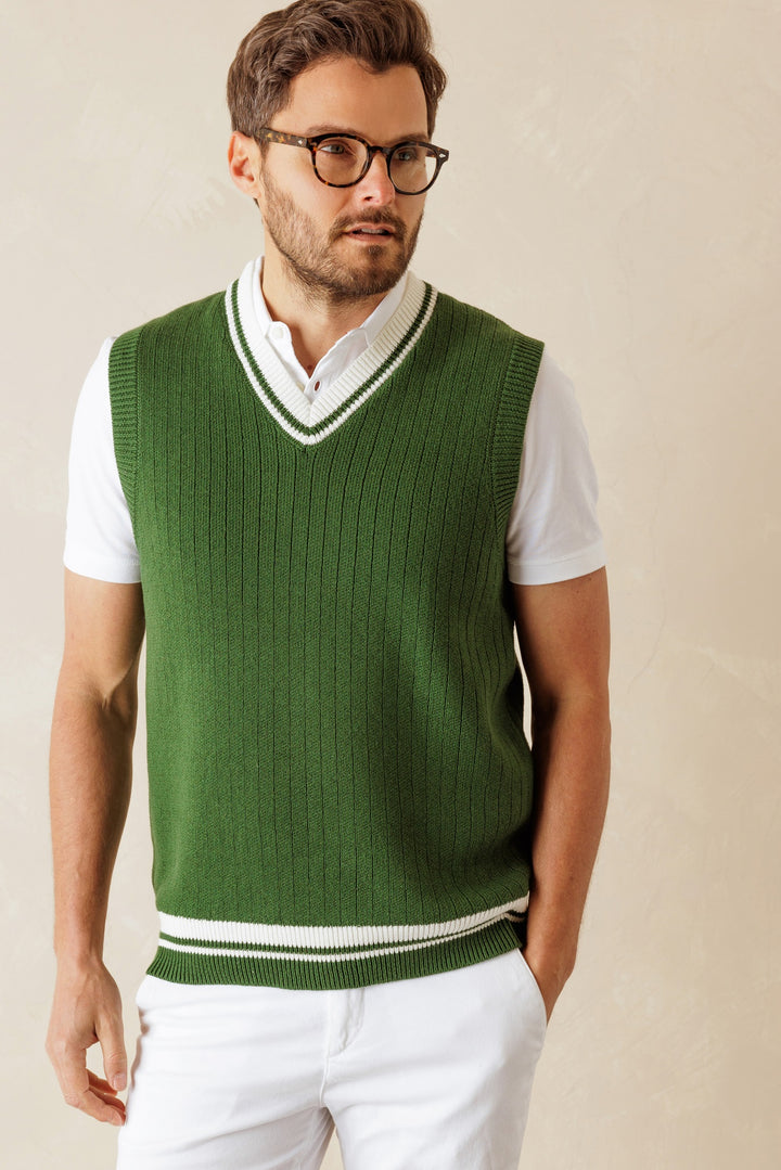 Alfredo Varsity Relaxed Fit  V Neck Cotton Vest