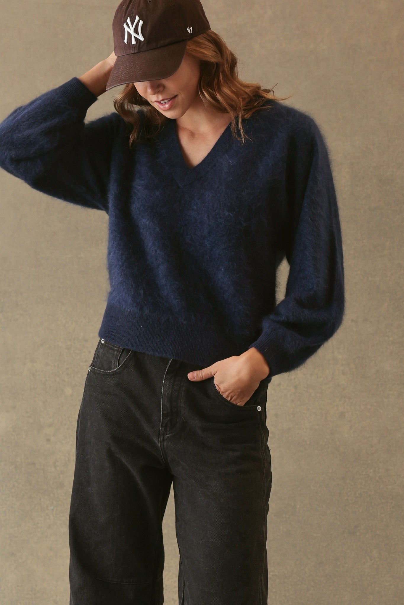 Sue Fuzzy Cashmere V Neck Pullover