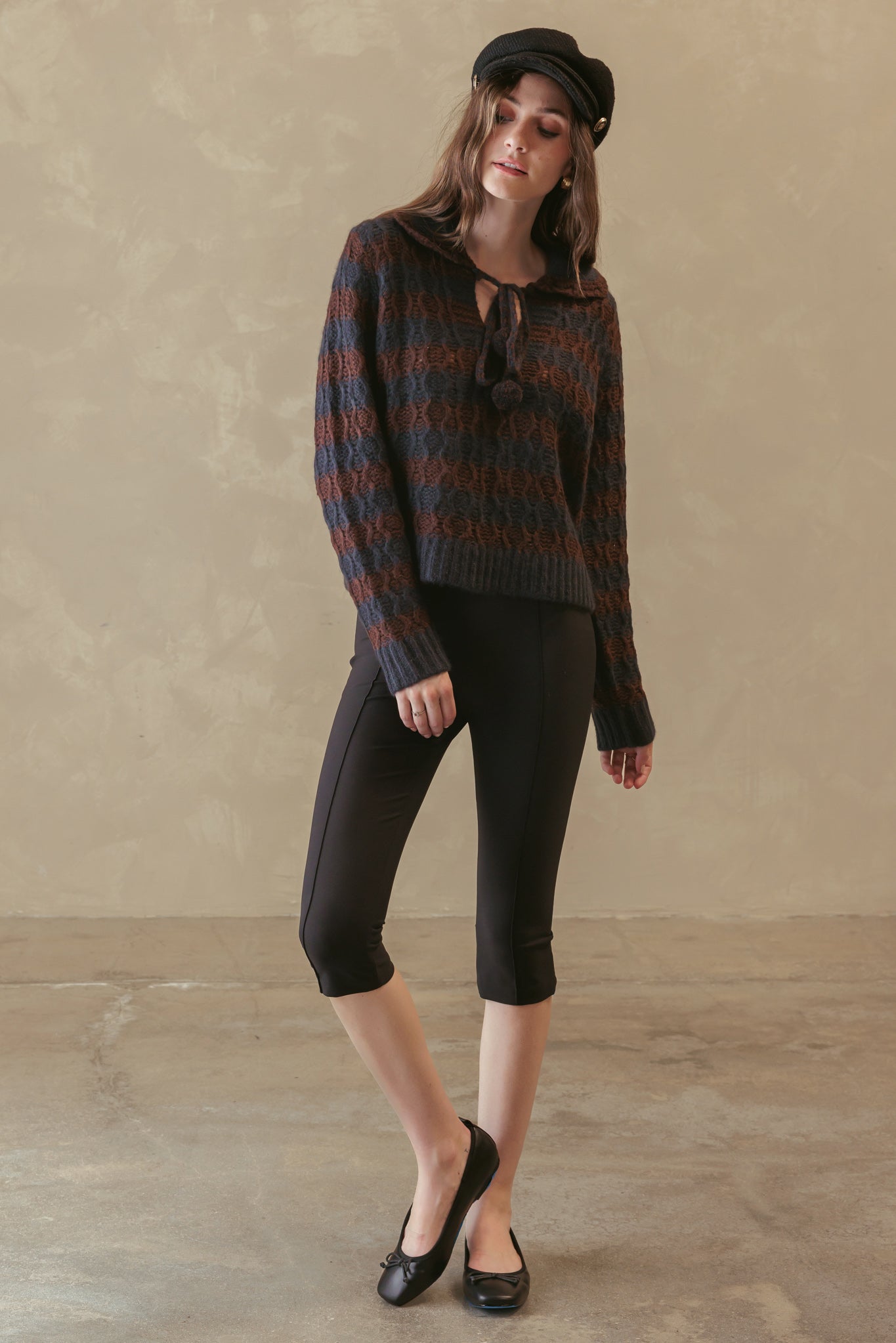 Adler Striped Sweater with Pom Pom Tie at Collar