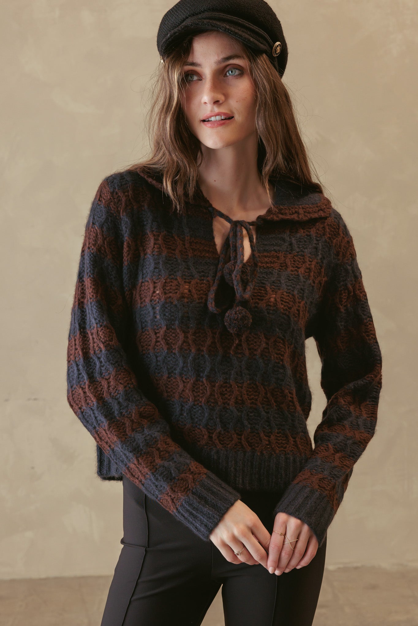 Adler Striped Sweater with Pom Pom Tie at Collar