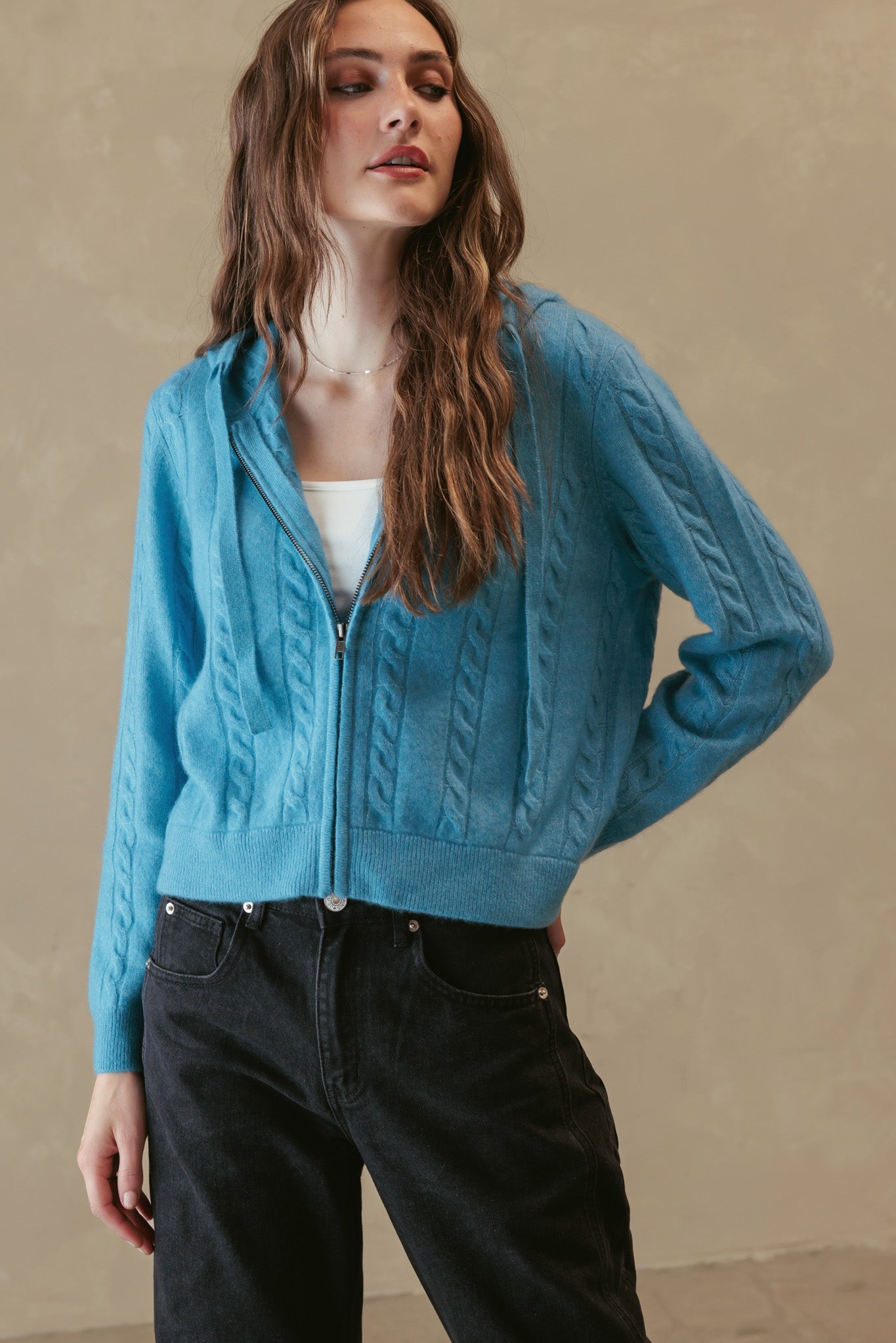 Anisa Cashmere Blend Cable Zip Hoodie