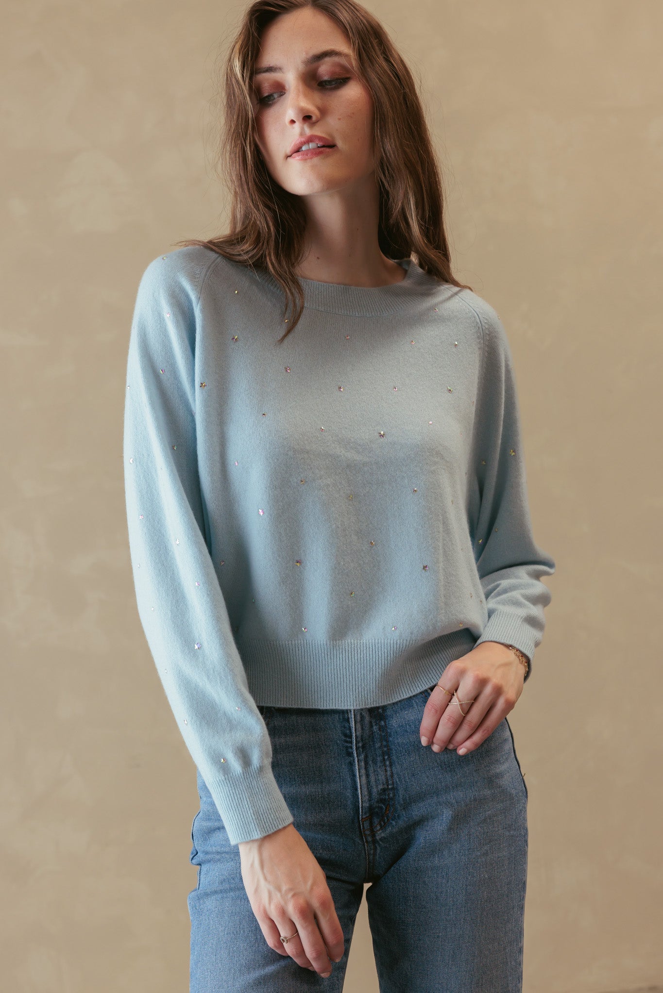 Letitia Cashmere Wide Crew with Star Rhinestones