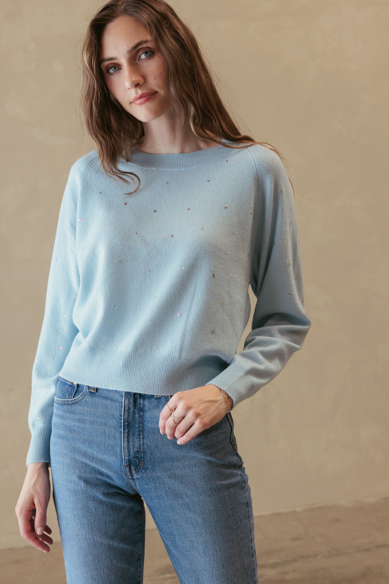 Letitia Cashmere Wide Crew with Star Rhinestones