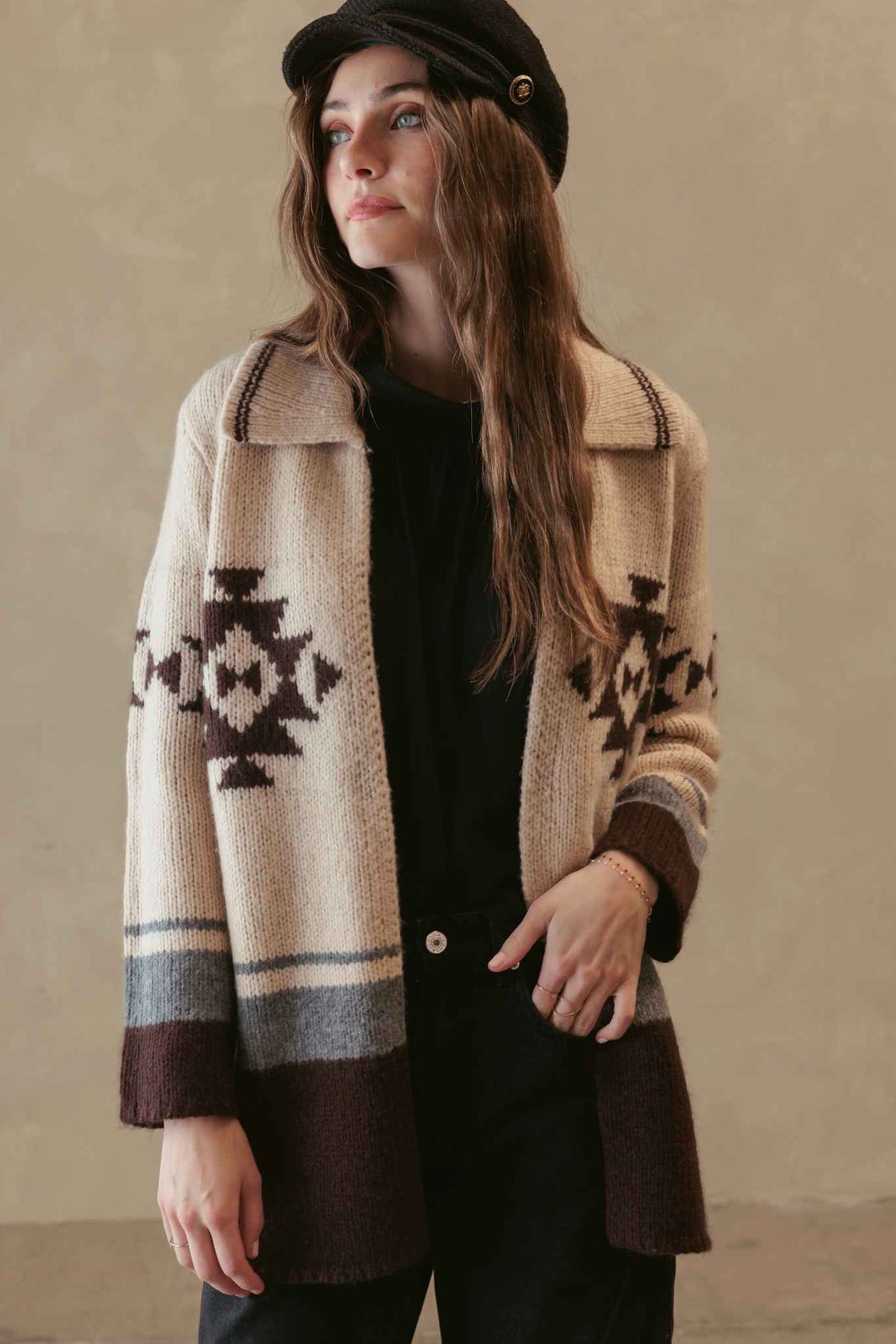 Leya Tribal collar chunky cashmere blend open cardigab