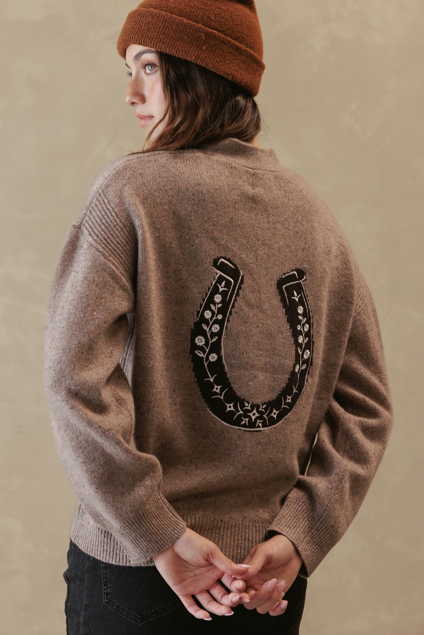 Noriko Cashmere Cardigan with Horse Shoe Graphic