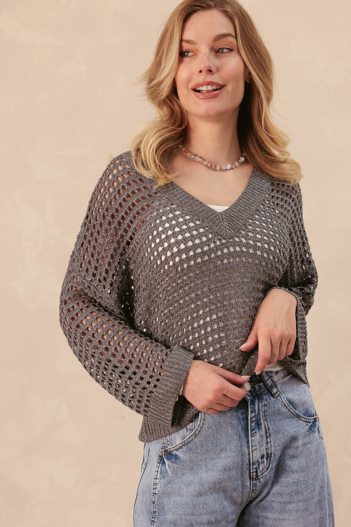 Elcy Sequin Open Stitch V Neck  Knit Top