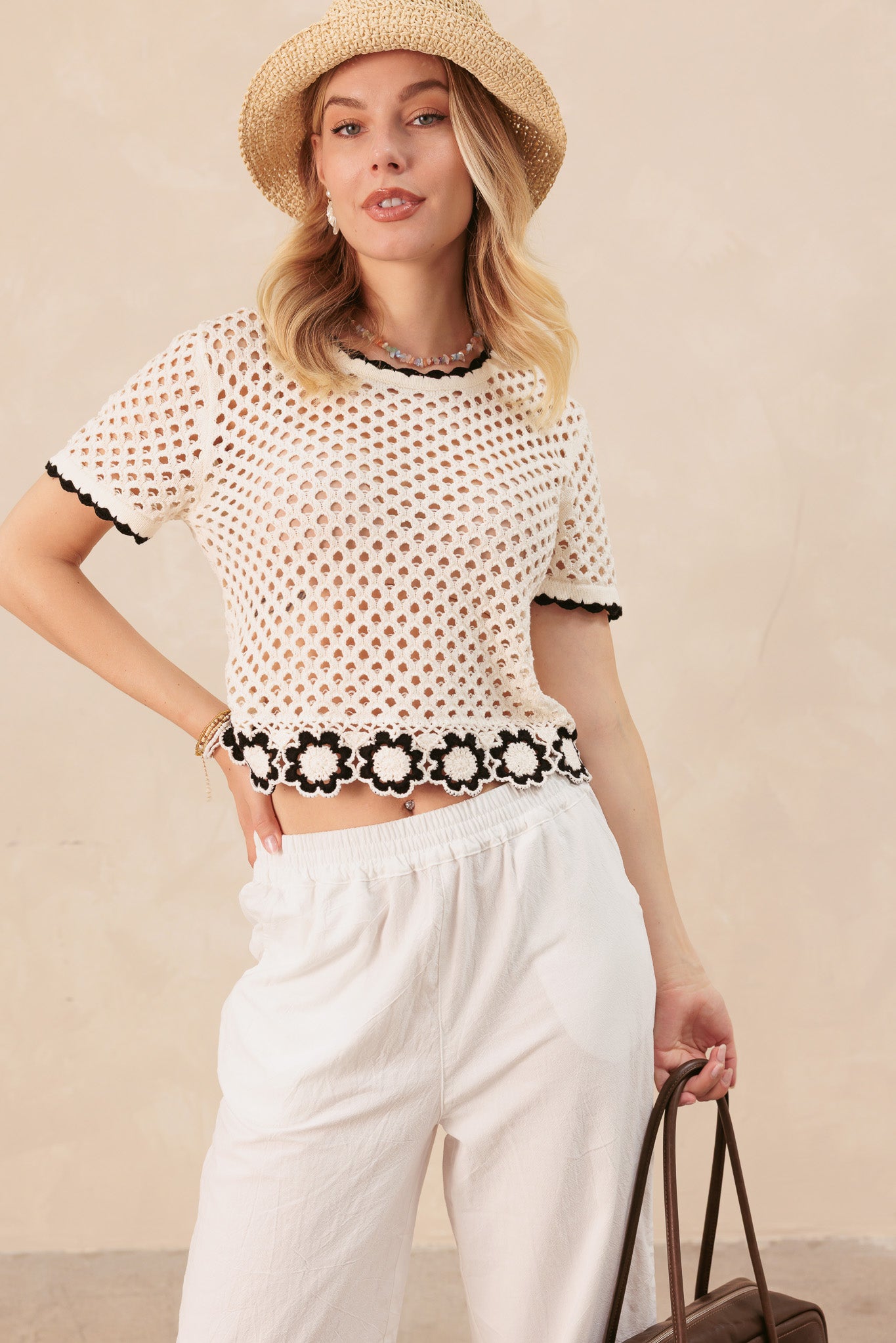 Michele Short Sleeve Knit Top With Crochet Flower Hem