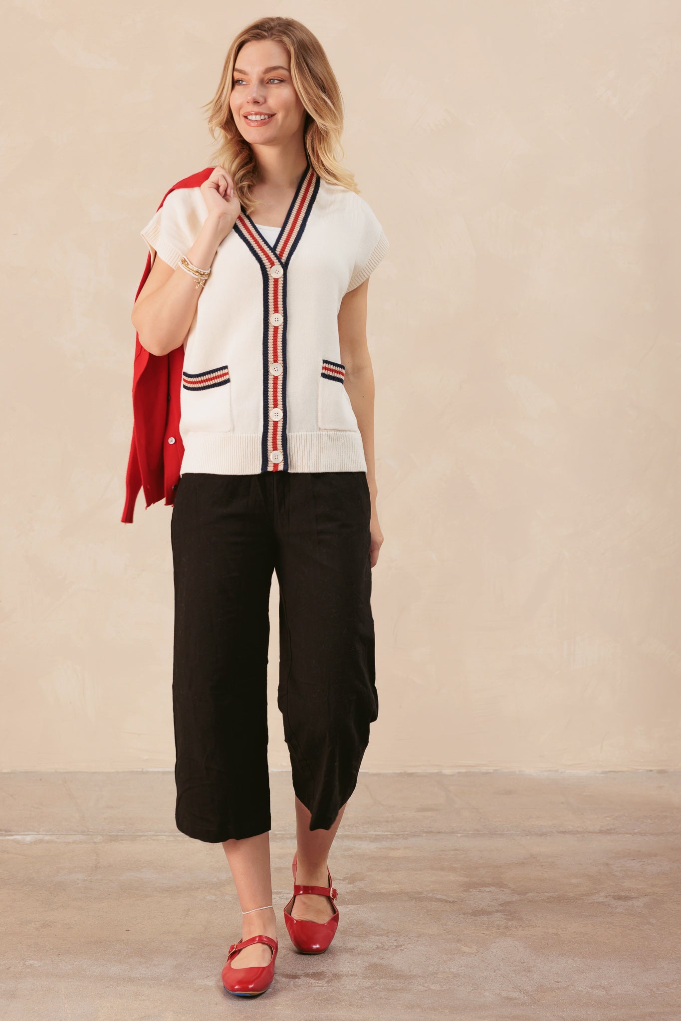 Rosalie Cotton Button Up Vest With Varsity Stripes