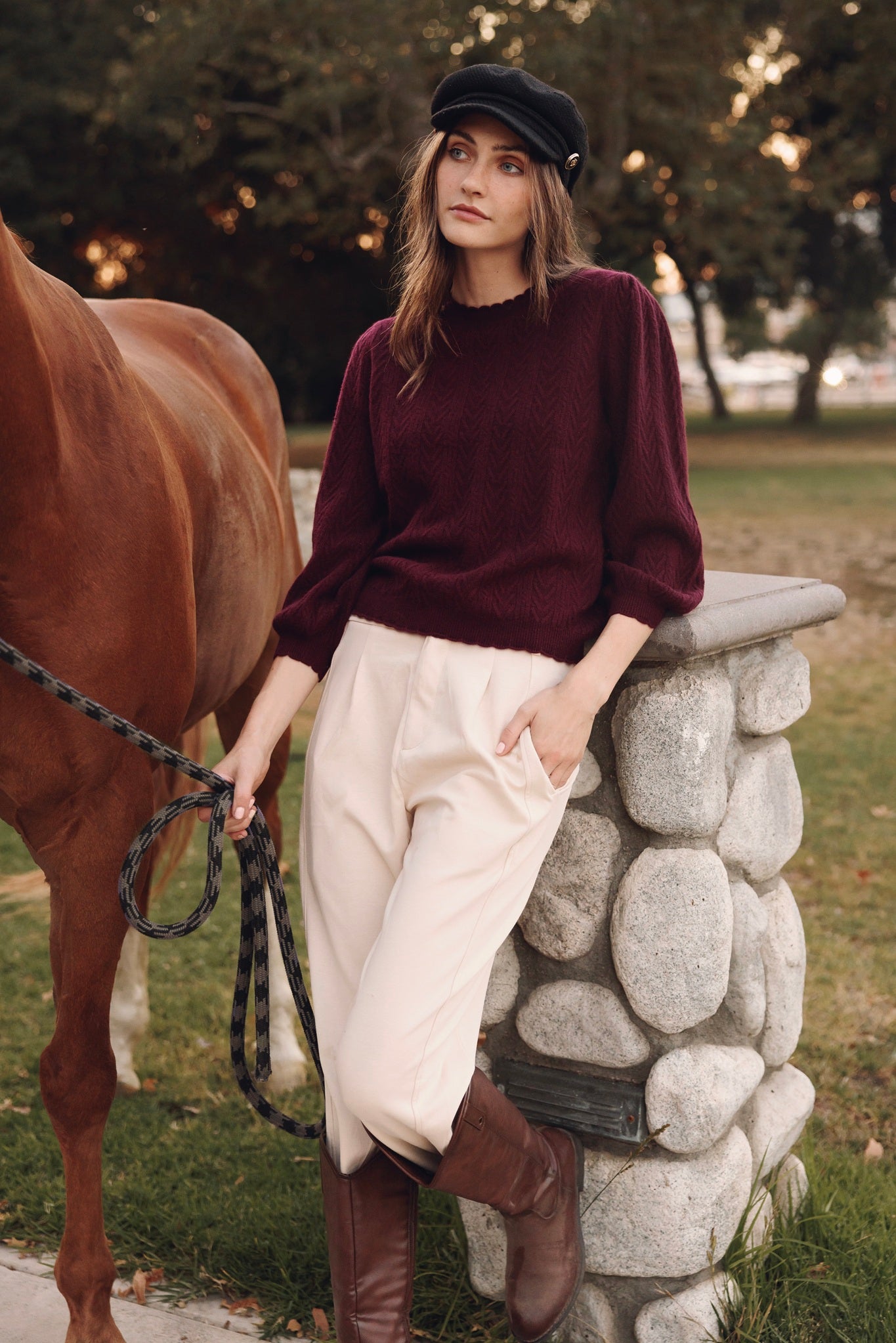 Charlene 3/4 Sleeve Textured Crewneck
