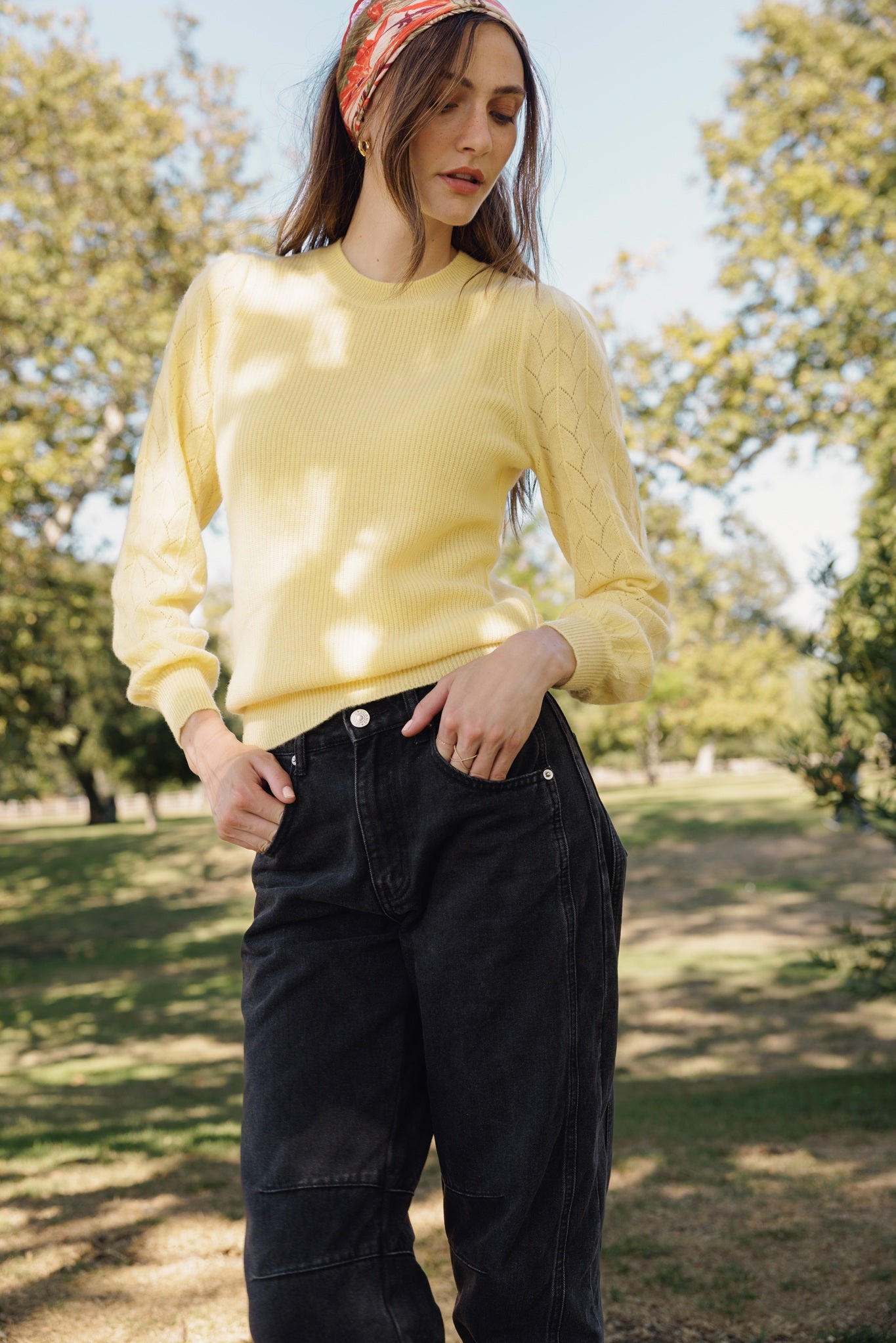 Hinnen Cashmere Crewneck with Pointelle on Sleeves