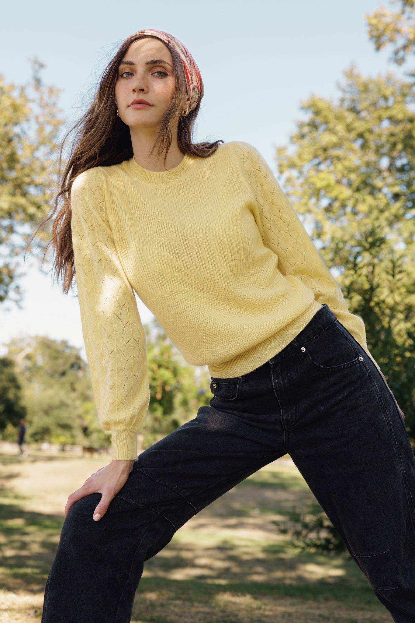 Hinnen Cashmere Crewneck with Pointelle on Sleeves