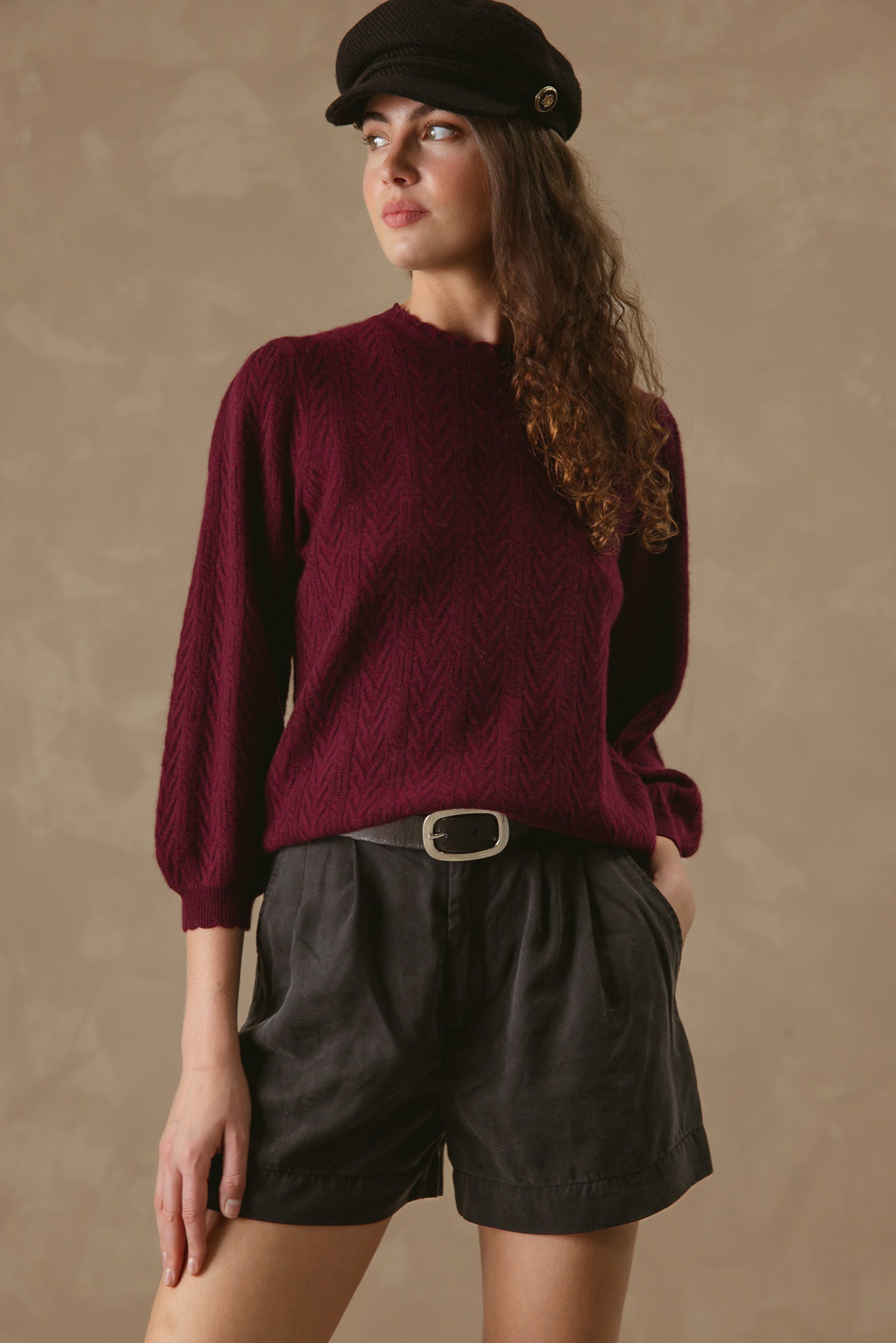 Charlene 3/4 Sleeve Textured Crewneck