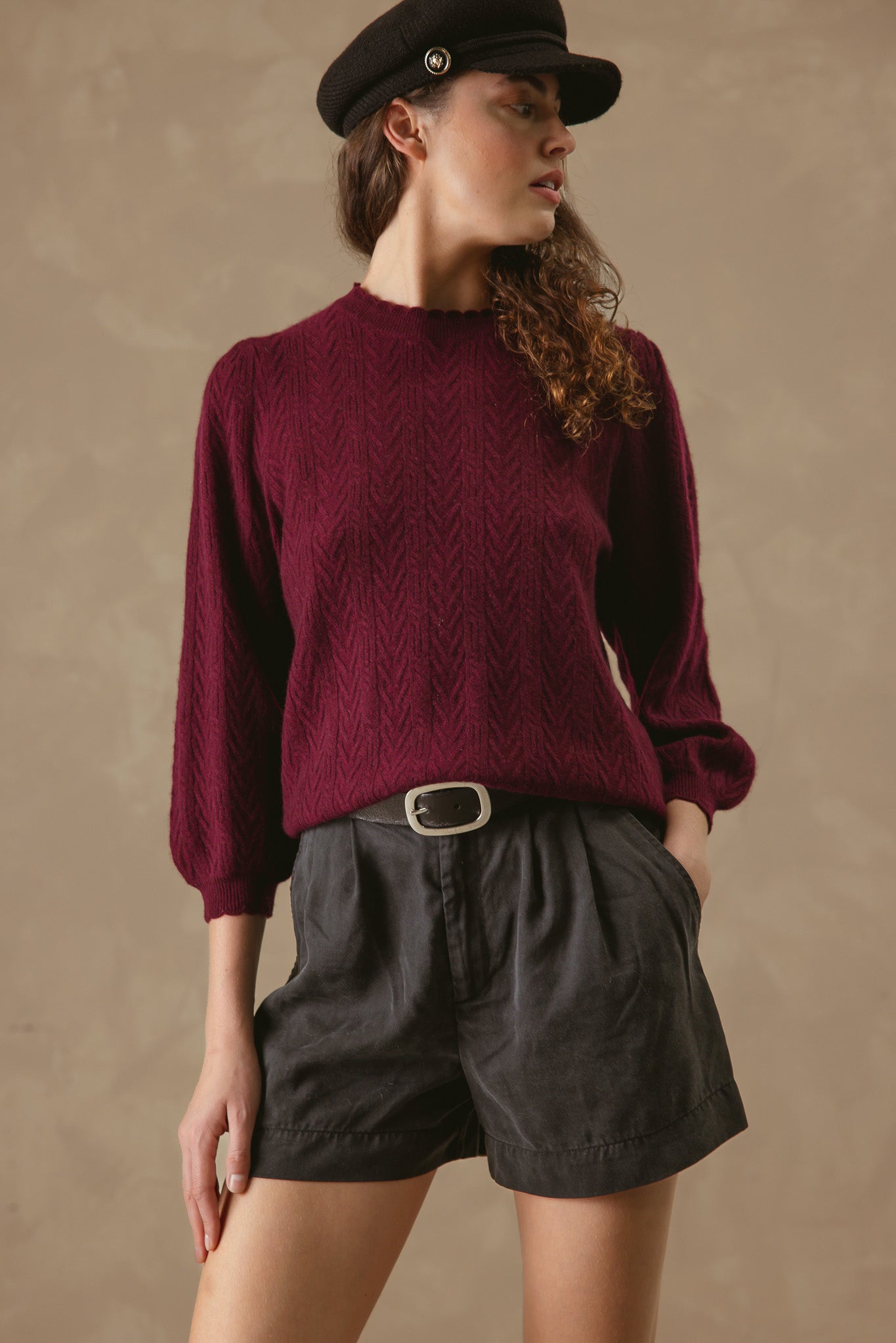 Charlene 3/4 Sleeve Textured Crewneck