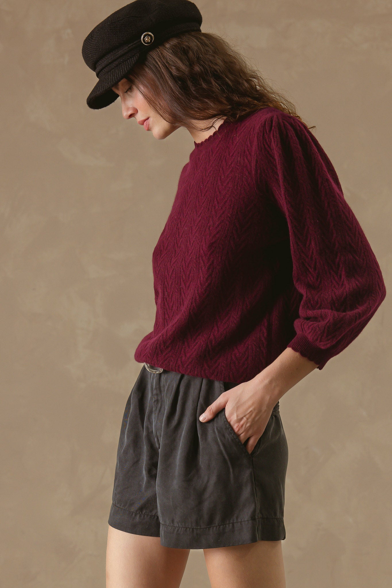 Charlene 3/4 Sleeve Textured Crewneck