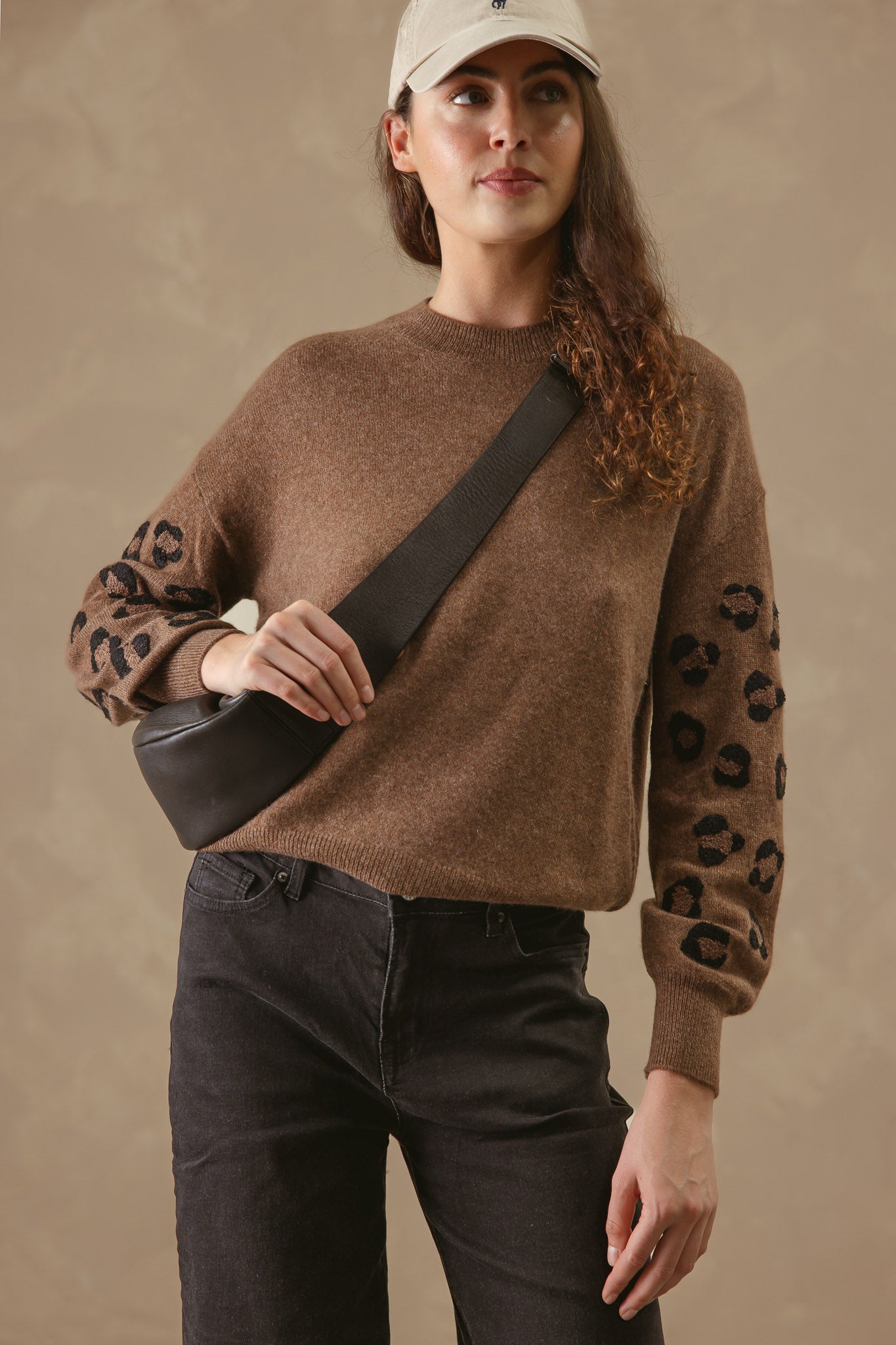 Cordelia Cashmere Crew with Leopard Embroidery on Sleeves