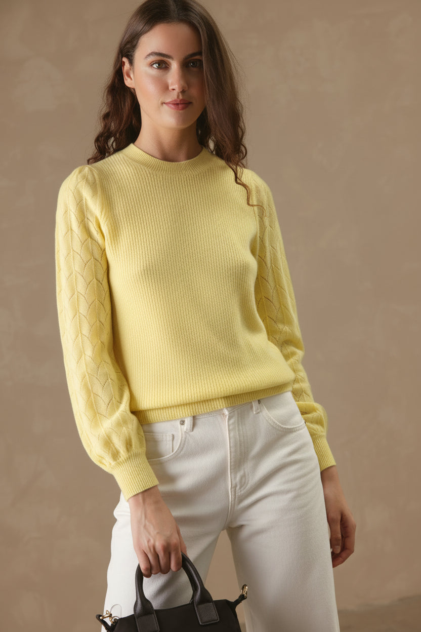 Hinnen Cashmere Crewneck with Pointelle on Sleeves